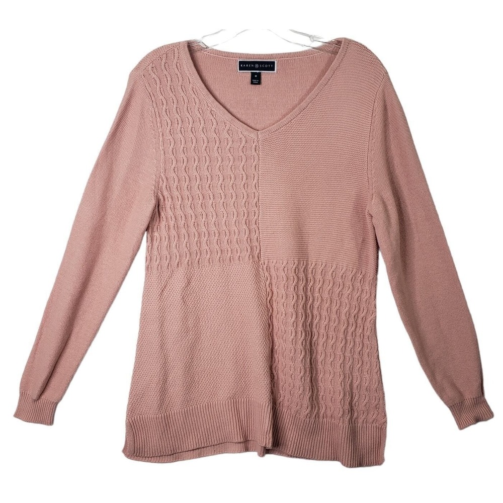 Karen Scott Womens Medium Tea Rose Pink Mixed Stitch V Neck‎ Cotton Knit Sweater